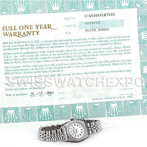The image shows the front view of a Rolex Oyster Perpetual 76030 Women's Stainless Steel White Dial 76030 Women's Stainless Steel White Dial watch and its warranty card.