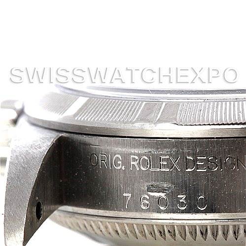 This image shows a close-up side view of the case of a Rolex Oyster Perpetual 76030 Women's Stainless Steel White Dial 76030 Women's Stainless Steel White Dial watch, highlighting the model number "76030".