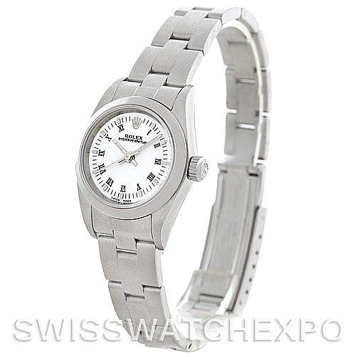 This image shows a side angle of the Rolex Oyster Perpetual 76080 Women's Stainless Steel White Dial 76080 Women's Stainless Steel White Dial watch, highlighting the watch face and metal bracelet.
