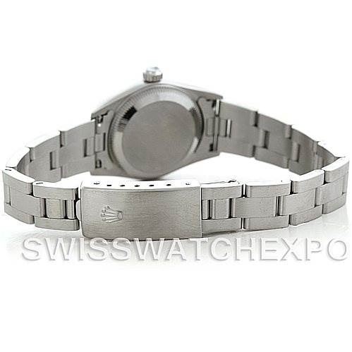 The image shows the back view of a Rolex Oyster Perpetual 76080 Women's Stainless Steel White Dial 76080 Women's Stainless Steel White Dial watch, highlighting the clasp and bracelet.