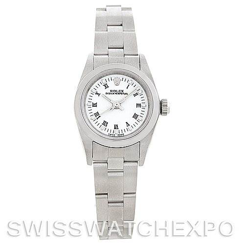 The image shows a front view of a Rolex Oyster Perpetual 76080 Women's Stainless Steel White Dial 76080 Women's Stainless Steel White Dial watch, displaying its face, bezel, crown, and bracelet.