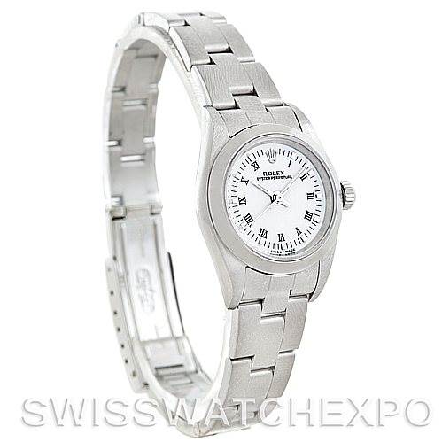 This image shows a Rolex Oyster Perpetual 76080 Women's Stainless Steel White Dial 76080 Women's Stainless Steel White Dial watch at a three-quarter angle, featuring its bracelet, clasp, and face with a white dial.