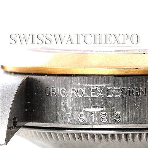 The image shows a side angle of a Rolex Oyster Perpetual 76183 Women's Steel and Gold (two tone) Grey Dial 76183 Women's Steel and Gold (two tone) Grey Dial watch, highlighting the engraved "ORIG. ROLEX DESIGN" and part of the model number.