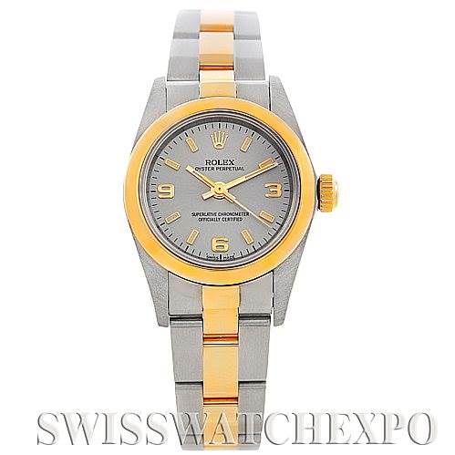 The image shows a front view of a Rolex Oyster Perpetual 76183 Women's Steel and Gold (two tone) Grey Dial 76183 Women's Steel and Gold (two tone) Grey Dial watch with a two-tone gold and stainless steel bracelet and grey dial.