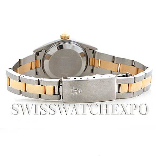 The image shows the back and bracelet of the Rolex Oyster Perpetual 76183 Women's Steel and Gold (two tone) Grey Dial 76183 Women's Steel and Gold (two tone) Grey Dial watch, highlighting the bi-tone metal bracelet and clasp.