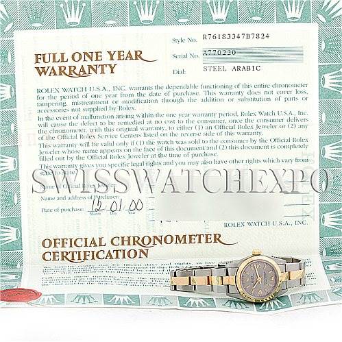 The image shows a Rolex Oyster Perpetual 76183 Women's Steel and Gold (two tone) Grey Dial 76183 Women's Steel and Gold (two tone) Grey Dial watch placed on an official warranty and chronometer certification document.