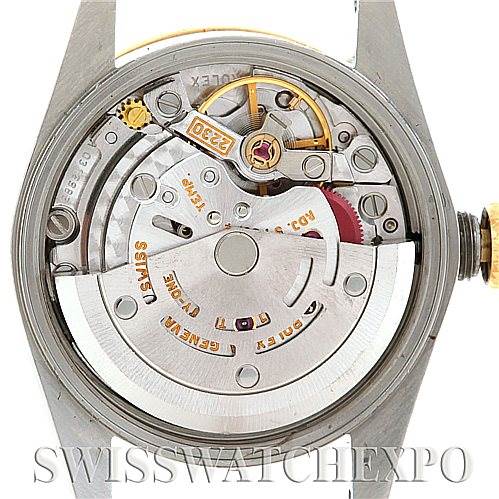 The image shows the open case back view of the Rolex Oyster Perpetual 76183 Women's Steel and Gold (two tone) Grey Dial 76183 Women's Steel and Gold (two tone) Grey Dial watch, displaying its internal mechanical movement.