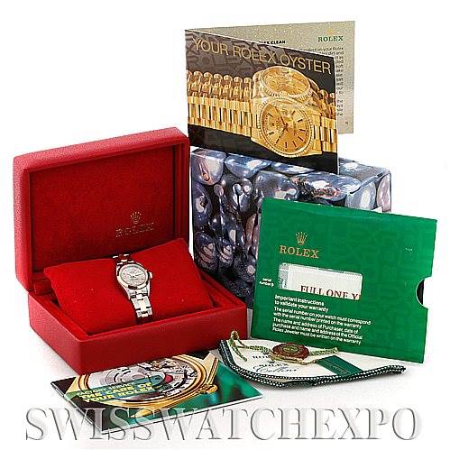 The image shows the Rolex Oyster Perpetual 76183 Women's Steel and Gold (two tone) Grey Dial 76183 Women's Steel and Gold (two tone) Grey Dial watch in its box, along with warranty card, manuals, and additional packaging.
