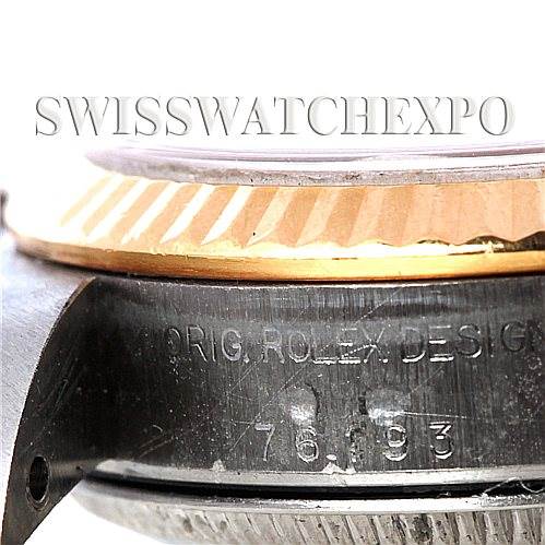 The image shows a close-up angle of the side of a Rolex Oyster Perpetual 76193 Women's Steel and Gold (two tone) Black Dial 76193 Women's Steel and Gold (two tone) Black Dial watch, focusing on the bezel and case where "ORIG. ROLEX DESIGN" is engraved.