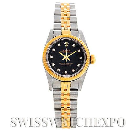 This image shows a front view of the Rolex Oyster Perpetual 76193 Women's Steel and Gold (two tone) Black Dial 76193 Women's Steel and Gold (two tone) Black Dial watch, highlighting its two-tone metal bracelet and black dial with gold accents.