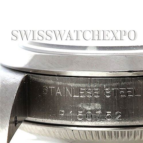 This close-up image shows the side of an Oyster Perpetual by Rolex, highlighting the "STAINLESS STEEL P 150752" engraving.
