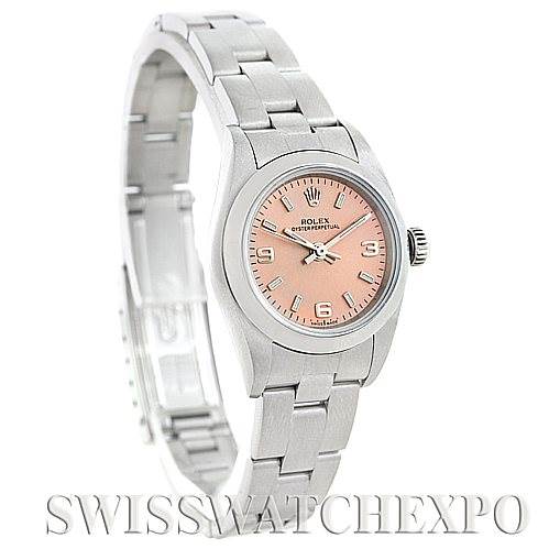 The image shows a Rolex Oyster Perpetual 76080 Women's Stainless Steel Pink Dial 76080 Women's Stainless Steel Pink Dial watch at a slight top-down angle, highlighting the pink dial and the stainless steel bracelet.