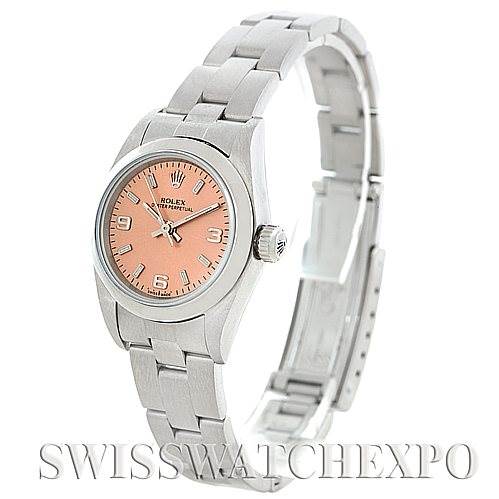 The Rolex Oyster Perpetual 76080 Women's Stainless Steel Pink Dial 76080 Women's Stainless Steel Pink Dial watch is shown at a slight angle, featuring its stainless steel bracelet and a pink dial.