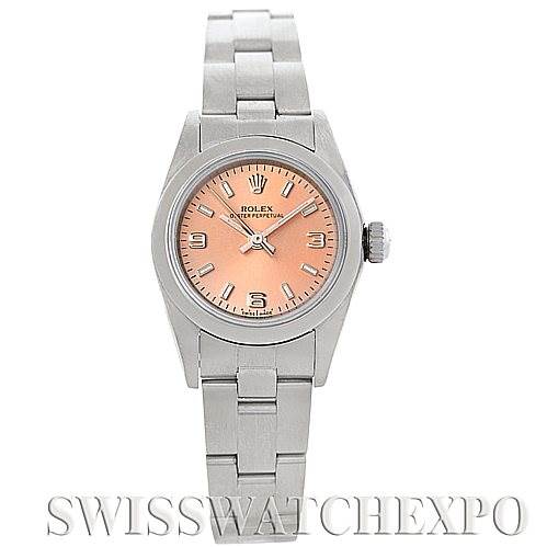 The Rolex Oyster Perpetual 76080 Women's Stainless Steel Pink Dial 76080 Women's Stainless Steel Pink Dial watch is shown from a front-facing angle, displaying the face, crown, and a portion of the bracelet.