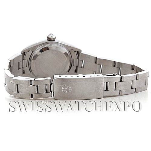 This image shows the back casing and bracelet of a Rolex Oyster Perpetual 76080 Women's Stainless Steel Pink Dial 76080 Women's Stainless Steel Pink Dial watch.