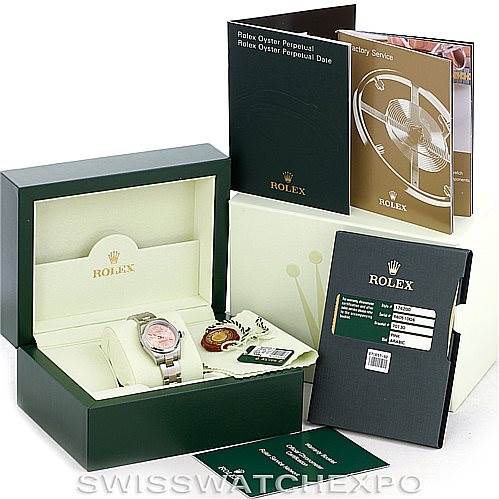The image shows a Rolex Oyster Perpetual 176200 Women's Stainless Steel Pink Dial 176200 Women's Stainless Steel Pink Dial watch in its box, along with manuals and service booklets.