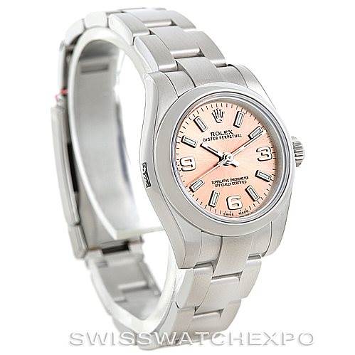 The image shows a front-side view of a Rolex Oyster Perpetual 176200 Women's Stainless Steel Pink Dial 176200 Women's Stainless Steel Pink Dial watch, highlighting its dial, bracelet, and clasp.