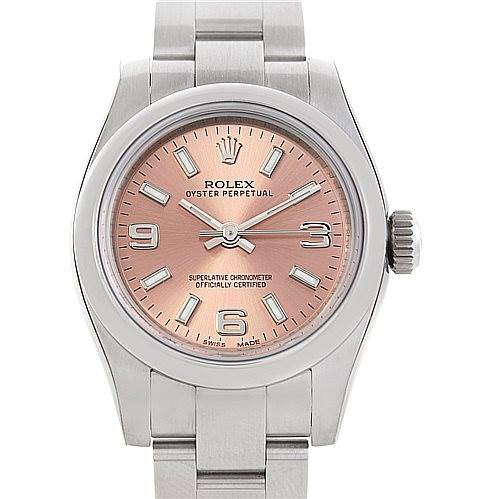 This image shows a Rolex Oyster Perpetual 176200 Women's Stainless Steel Pink Dial 176200 Women's Stainless Steel Pink Dial watch from a front angle, displaying its dial, hands, crown, and bracelet.