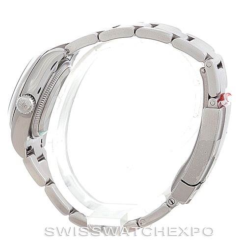 This image shows a side view of a Rolex Oyster Perpetual 176200 Women's Stainless Steel Pink Dial 176200 Women's Stainless Steel Pink Dial watch, highlighting the case, crown, bracelet, and clasp.