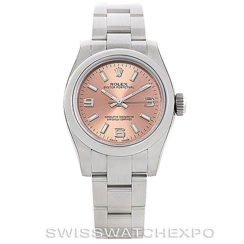 This image shows a front view of a Rolex Oyster Perpetual 176200 Women's Stainless Steel Pink Dial 176200 Women's Stainless Steel Pink Dial watch with a pink dial and silver bracelet.
