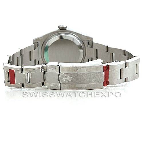 This image shows the rear view of an Oyster Perpetual Rolex watch, focusing on the bracelet and clasp.