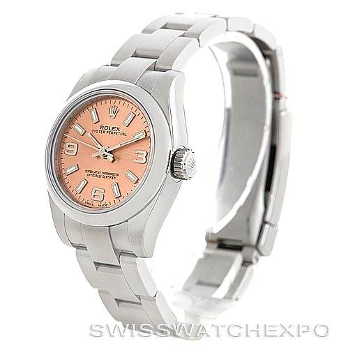 The Rolex Oyster Perpetual 176200 Women's Stainless Steel Pink Dial 176200 Women's Stainless Steel Pink Dial watch is shown at an angle highlighting the dial, crown, and bracelet.