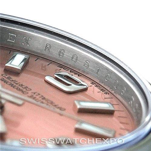 The image shows a close-up angle of the dial and bezel of a Rolex Oyster Perpetual 176200 Women's Stainless Steel Pink Dial 176200 Women's Stainless Steel Pink Dial watch.