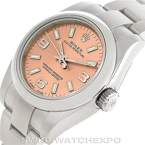 This image shows an angled view of the Rolex Oyster Perpetual 176200 Women's Stainless Steel Pink Dial 176200 Women's Stainless Steel Pink Dial watch, highlighting its pink dial, bezel, and stainless steel bracelet.