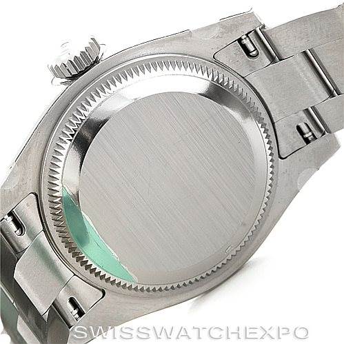 This image shows the back case and bracelet of a Rolex Oyster Perpetual 176200 Women's Stainless Steel Pink Dial 176200 Women's Stainless Steel Pink Dial watch at an angled close-up view.