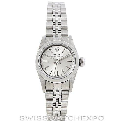 This image shows a front view of a Rolex Oyster Perpetual 67180 Women's Stainless Steel Silver Dial 67180 Women's Stainless Steel Silver Dial watch with a metal bracelet and a silver dial.