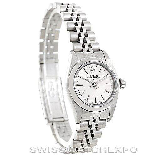 The image shows a side angle of the Rolex Oyster Perpetual 67180 Women's Stainless Steel Silver Dial 67180 Women's Stainless Steel Silver Dial watch, displaying its bracelet, case, and dial.