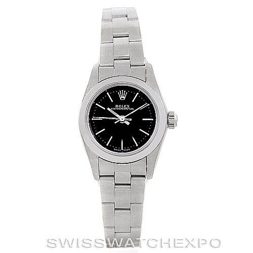 This image shows a front view of the Rolex Oyster Perpetual 76080 Women's Stainless Steel Black Dial 76080 Women's Stainless Steel Black Dial watch, displaying its entire face, bracelet, and crown.