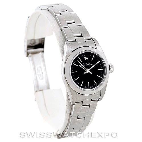 This image shows the front angle of a Rolex Oyster Perpetual 76080 Women's Stainless Steel Black Dial 76080 Women's Stainless Steel Black Dial watch, highlighting the face, bezel, bracelet, and clasp.