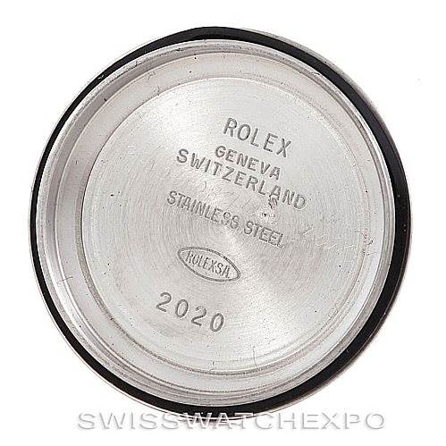 This image shows the inside of the case back of a Rolex Oyster Perpetual 76193 Women's Steel and Gold (two tone) Silver Dial 76193 Women's Steel and Gold (two tone) Silver Dial watch engraved with "Rolex" and manufacturing details.