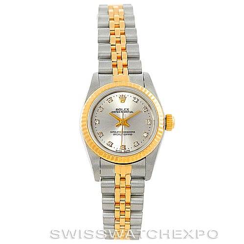 The image shows a front view of a Rolex Oyster Perpetual 76193 Women's Steel and Gold (two tone) Silver Dial 76193 Women's Steel and Gold (two tone) Silver Dial watch, displaying its face, bezel, crown, and bracelet.