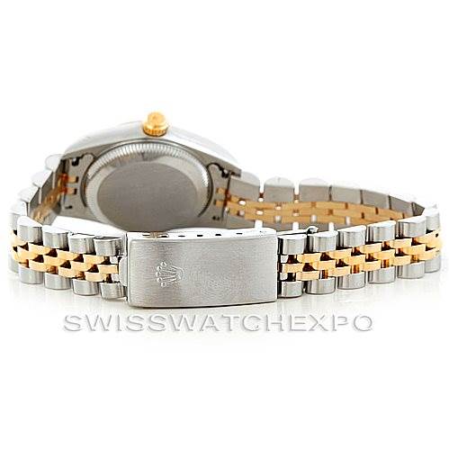 The image shows the back and bracelet of a Rolex Oyster Perpetual 76193 Women's Steel and Gold (two tone) Silver Dial 76193 Women's Steel and Gold (two tone) Silver Dial watch, highlighting the two-tone metal band and clasp.