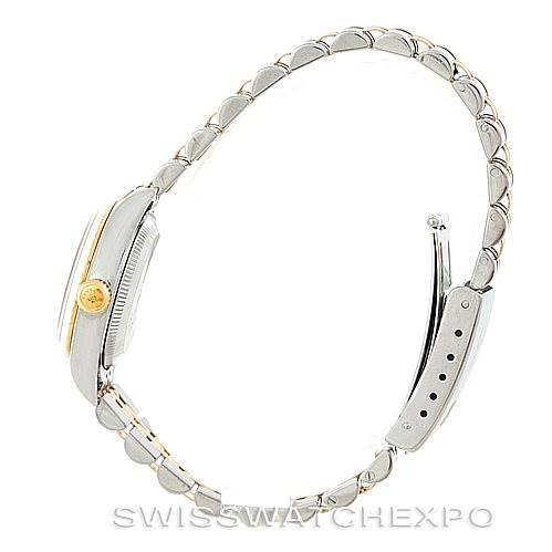 The image shows a side view of the Rolex Oyster Perpetual 76193 Women's Steel and Gold (two tone) Silver Dial 76193 Women's Steel and Gold (two tone) Silver Dial watch, highlighting the bracelet, case, and crown.