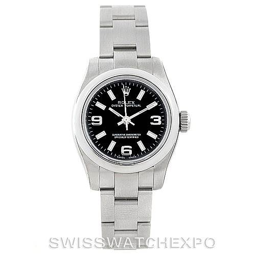 The image shows a front view of the Rolex Oyster Perpetual 176200 Women's Stainless Steel Black Dial 176200 Women's Stainless Steel Black Dial watch, highlighting its black dial and stainless steel bracelet.