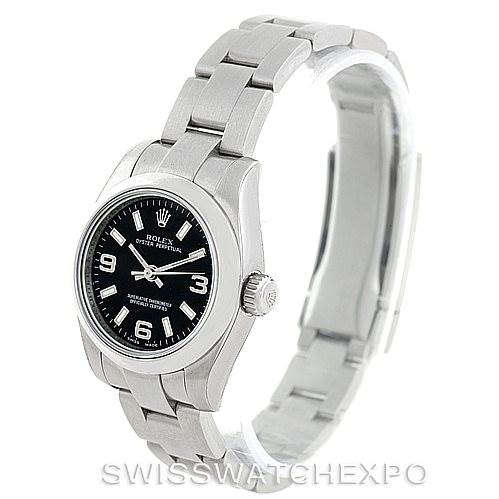A Rolex Oyster Perpetual 176200 Women's Stainless Steel Black Dial 176200 Women's Stainless Steel Black Dial watch is shown at a three-quarter angle, displaying the dial, case, and part of the bracelet.
