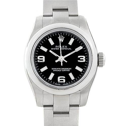 The image shows a front view of a Rolex Oyster Perpetual 176200 Women's Stainless Steel Black Dial 176200 Women's Stainless Steel Black Dial watch, clearly displaying its face, bezel, crown, and part of the bracelet.