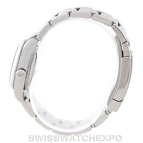 The image shows a side view of a Rolex Oyster Perpetual 176200 Women's Stainless Steel Black Dial 176200 Women's Stainless Steel Black Dial watch, highlighting the crown and bracelet.