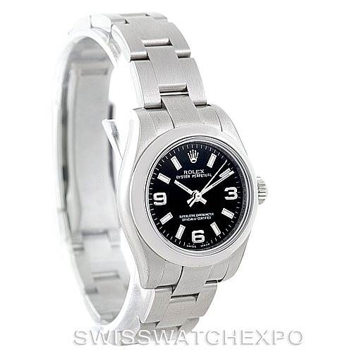 The image shows a front and slightly angled view of a Rolex Oyster Perpetual 176200 Women's Stainless Steel Black Dial 176200 Women's Stainless Steel Black Dial watch, highlighting its dial, bracelet, and clasp.