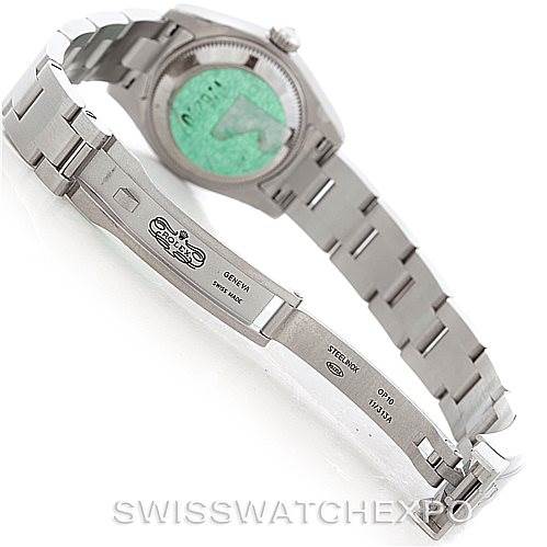 This image shows the inner clasp and back view of the Rolex Oyster Perpetual 176200 Women's Stainless Steel Black Dial 176200 Women's Stainless Steel Black Dial watch.