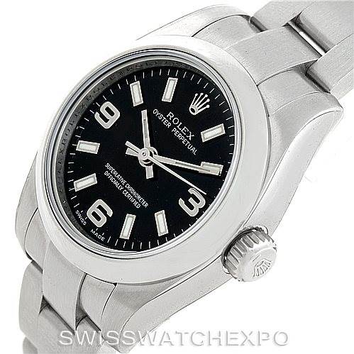 This image shows a Rolex Oyster Perpetual 176200 Women's Stainless Steel Black Dial 176200 Women's Stainless Steel Black Dial watch at a slight angle, highlighting its face, crown, and part of the bracelet.