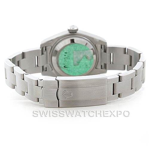 The image shows the back view of a Rolex Oyster Perpetual 176200 Women's Stainless Steel Black Dial 176200 Women's Stainless Steel Black Dial watch, focusing on the bracelet and clasp with the Rolex logo.