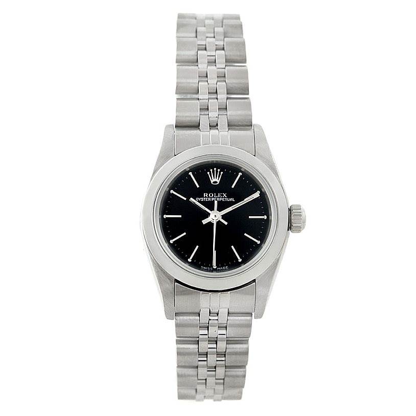 The image shows a front view of the Rolex Oyster Perpetual 76080 Women's Stainless Steel Black Dial 76080 Women's Stainless Steel Black Dial watch, with its black dial, silver hands, and metal bracelet.