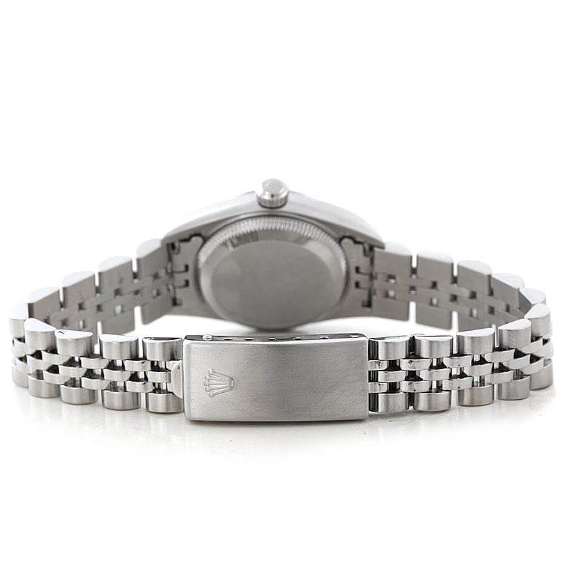 The image shows the back of the Rolex Oyster Perpetual 76080 Women's Stainless Steel Black Dial 76080 Women's Stainless Steel Black Dial watch, highlighting the clasp and bracelet.