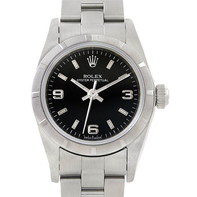 This image shows a front view of a Rolex Oyster Perpetual 76030 Women's Stainless Steel Black Dial 76030 Women's Stainless Steel Black Dial watch, highlighting the dial, bezel, case, and bracelet.