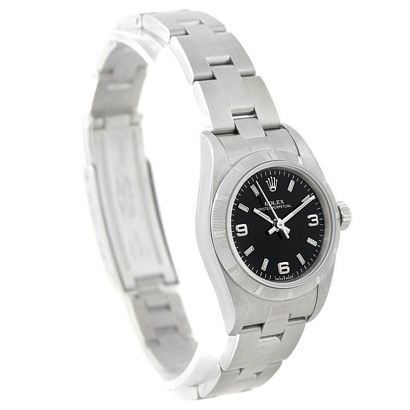 This image shows a side angle of the Rolex Oyster Perpetual 76030 Women's Stainless Steel Black Dial 76030 Women's Stainless Steel Black Dial watch, highlighting the bracelet, case, and dial.