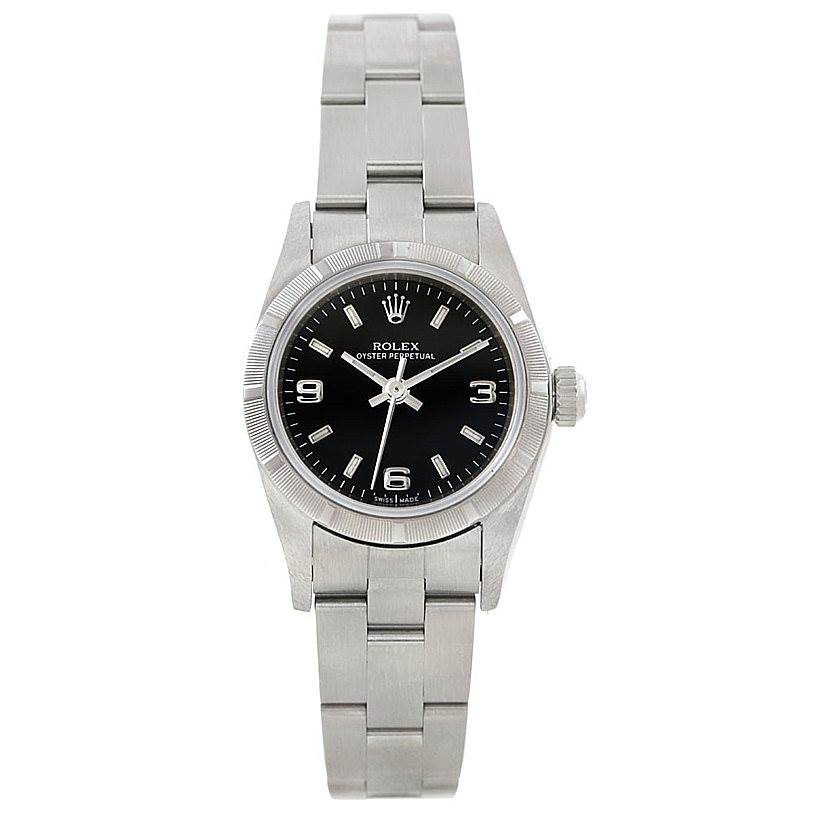 This image shows a front view of a Rolex Oyster Perpetual 76030 Women's Stainless Steel Black Dial 76030 Women's Stainless Steel Black Dial watch, highlighting the face, bezel, and bracelet.